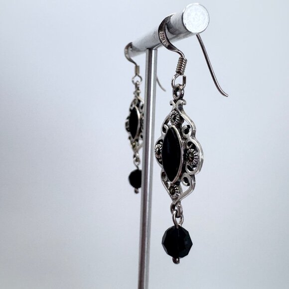 Sterling Silver 925 Black Onyx Scroll Flower Dangle Earrings Size 1.5" Length - Picture 3 of 9